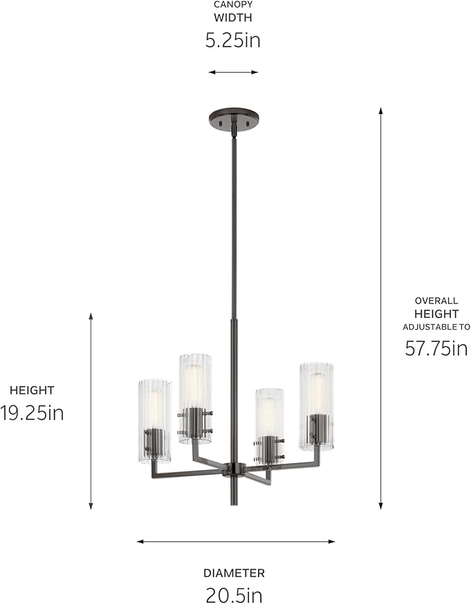 KICHLER Velestino 20.5" 4 Light Chandelier in Black, for Small Foyer, Dining Room, Living Room, Bedroom, (19.25" x 20.5") 52678BK