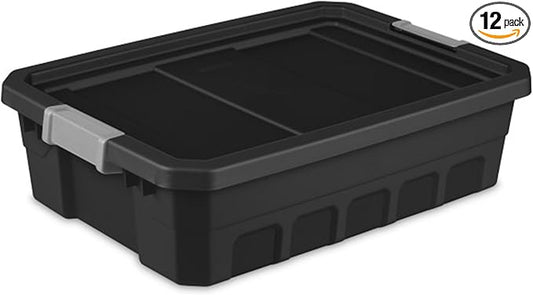 Sterilite 12-Pack Plastic Storage Bins with Lids, Stackable Containers, 10 Gallon, Black