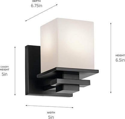 KICHLER Tully 6.5" 1-Light Wall Sconce with Satin Etched Cased Opal Glass in Black for Vanity, Living Room, Dining Room, Bedroom, Laundry Room, Mudroom, Hallway, Stairwell (6.5 x 5 x 7), 45149BK