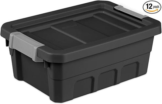 Sterilite 12-Pack Plastic Storage Bins with Lids, Stackable Containers, 4 Gallon, Black