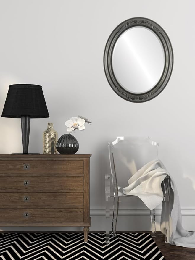 OVALCREST Oval Beveled Wall Mirror for Home Decor - Florence Style - Black Silver - 40" x 28"