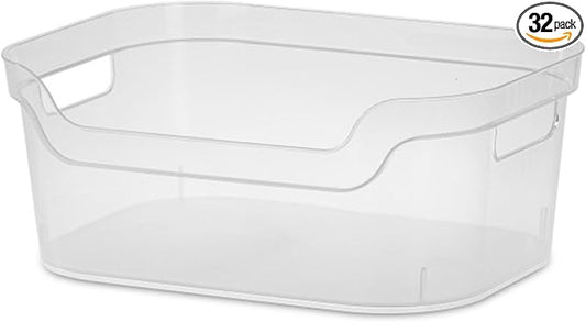 Sterilite 5.25x9.5x13 In Medium Polished Open Scoop Front Storage Bin w/Comfortable Carry Through Handles for Household Organization, Clear (32 Pack)