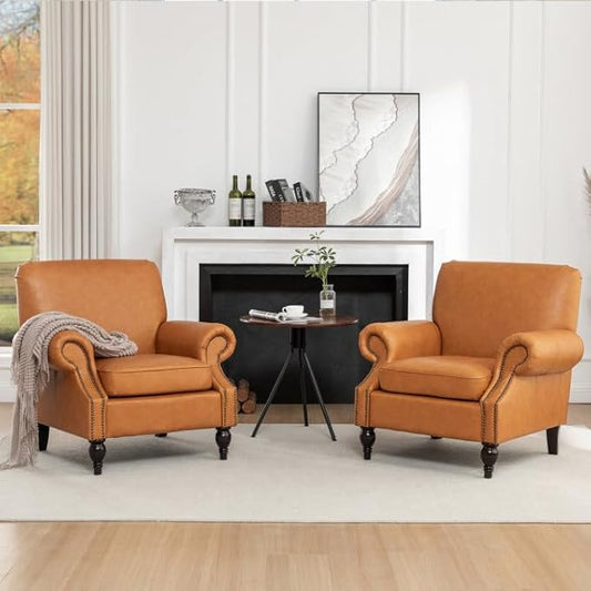 Accent Chair,22.4" Seat Depth Living Room Chair,36.6W*34.3D*34.6H Armchair with Roll Arms and Wood Legs,Set of 2,Faux Leather in Brown