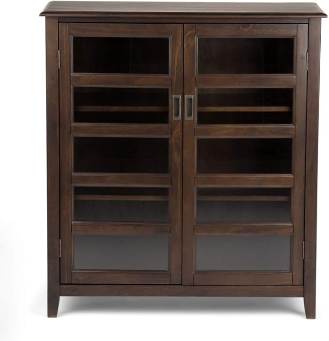 SIMPLIHOME Burlington SOLID WOOD 40 inch Wide Transitional Medium Storage Cabinet in Mahogany Brown, with 2 Tempered Glass Doors that open to 4 Adjustable Shelves