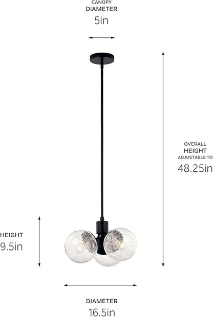 KICHLER Silvarious 3-Light Convertible Pendant, Soft Modern Light with Clear Crackled Glass in Black, for Hallway, Dining Nook, Bedroom or Kitchen (9.5" x 16.5"), 52700BK