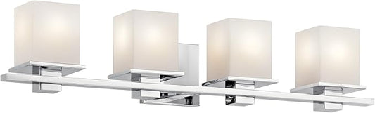 Kichler Tully 32" Vanity Light in Chrome, 4-Light Modern Bathroom Light with Satin Etched Cased Opal Glass, (32" W x 6.5" H), 45152CH