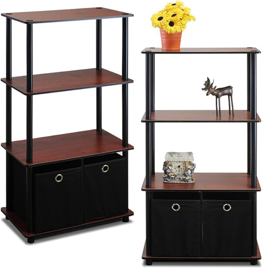 Furinno Go Green 4-Tier Multipurpose Storage Shelf with Bins, Set of 2, Dark Cherry