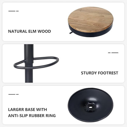 Kidol & Shellder Bar Stools Set of 4 Round Adjustable Swivel Barstools Modern Backless Bar Chairs Wooden Seat Counter Height Stools Armless for Kitchen Island, Cafe, Dining Room Black