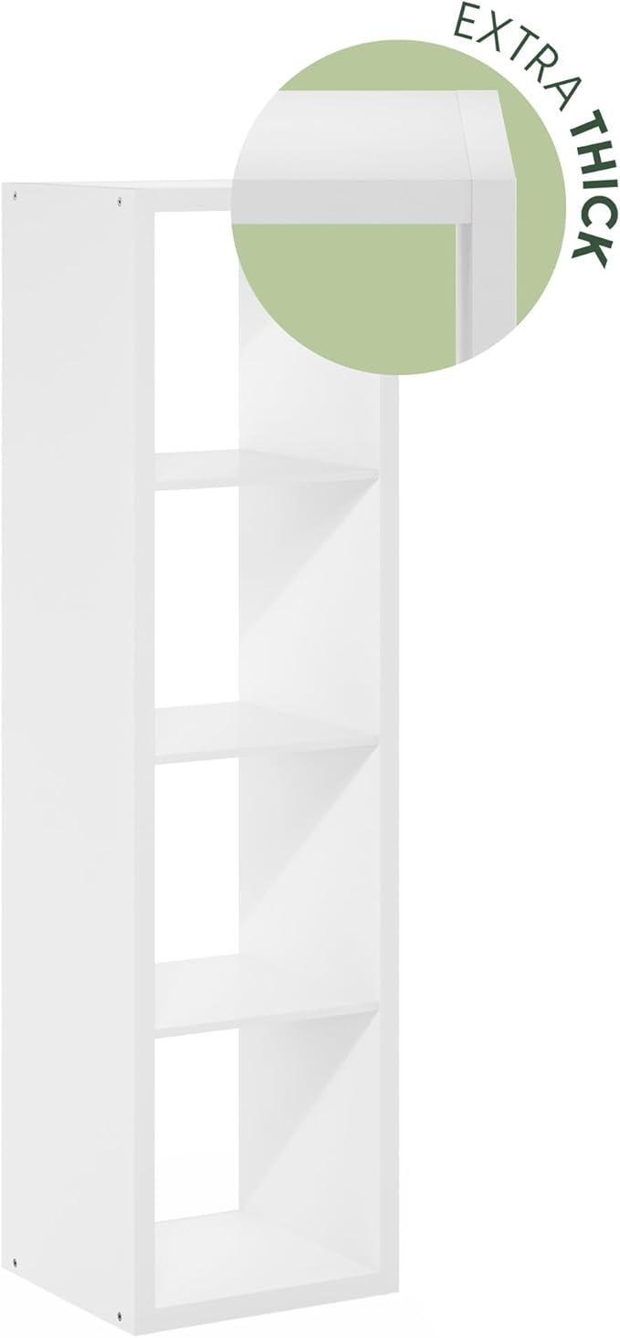 Furinno Cubicle Book Shelf, 4-Cube Vertical Thick Frame Bookshelf, Horizontally & Vertically Reversible Bookcase with Open Back, 14.6 x 15.9 x 58, for Living Room, Bedroom, Home Office, White