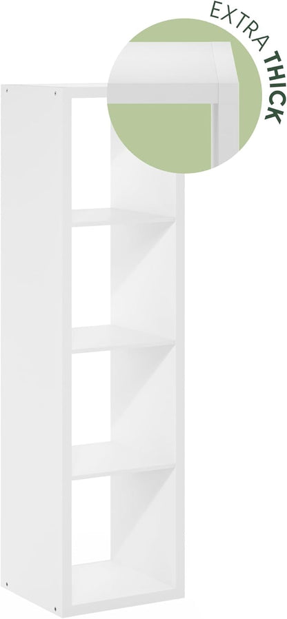 Furinno Cubicle Book Shelf, 4-Cube Vertical Thick Frame Bookshelf, Horizontally & Vertically Reversible Bookcase with Open Back, 14.6 x 15.9 x 58, for Living Room, Bedroom, Home Office, White