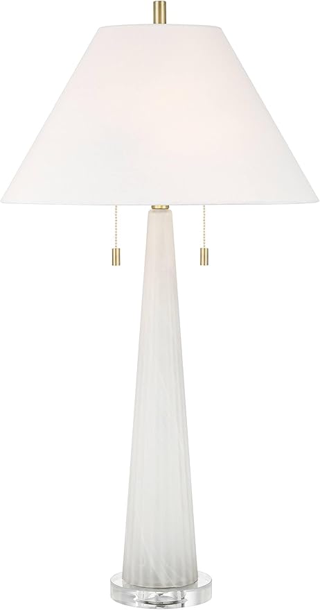 Possini Euro Design Regina 33" Tall Large Modern Glam End Table Lamp 2-Light Pull Chain White Finish Glass Single Fabric White Shade Living Room Bedroom Bedside Nightstand House Office Home Reading