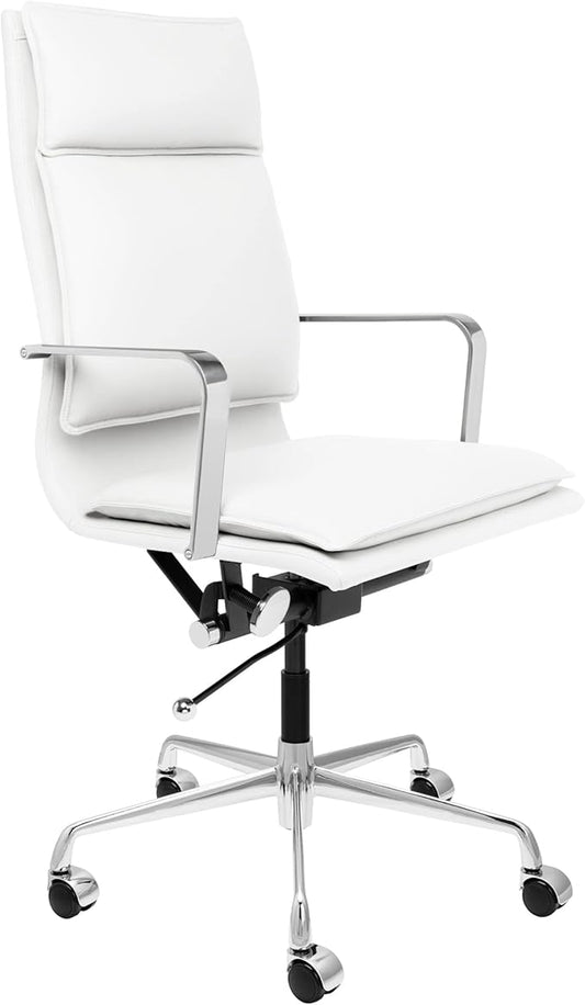 Laura Davidson Furniture Lexi II Padded Office Chair - Tall Back Desk Chair with Arm Rest, Swivel & Cushion Availability, Made of Faux Leather, White, Computer Chair