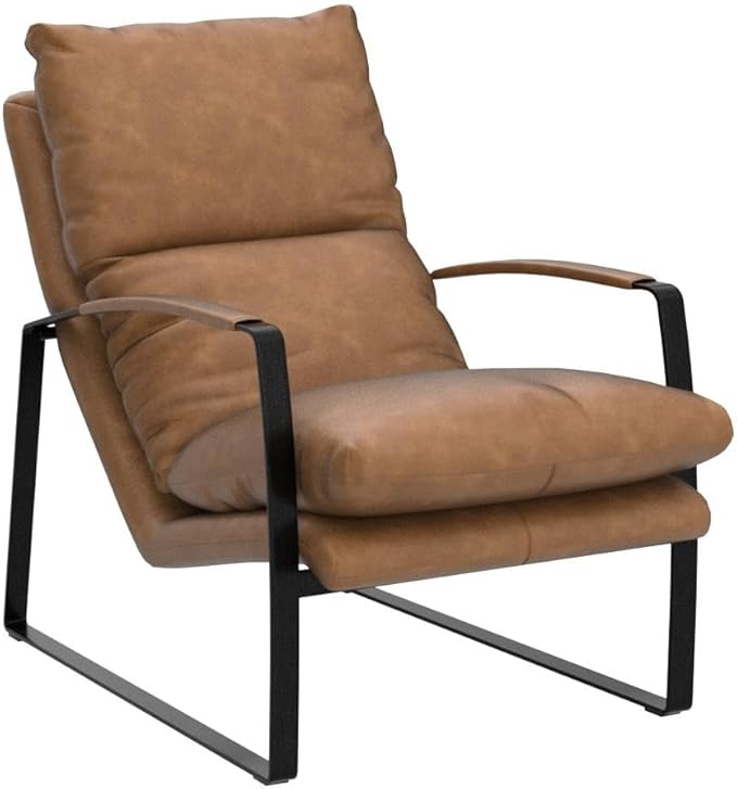 Art Leon Genuine Leather Accent Chair, Mid Century Modern Living Room Chair Lounge Chair with Black Metal Frame, Light Brown