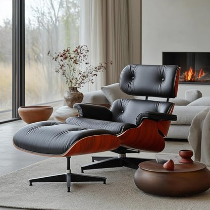 Top Black Grain Leather, Mid Century Chaise Lounge Chair and Ottoman, Modern Chair Classic Design, Red Rosewood, Heavy Duty Base Support for Living Room Study Lounge Office