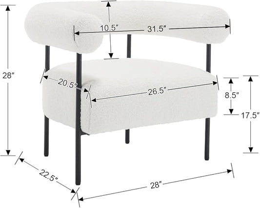 Modern Accent Chairs Set of 2, White Boucle Side Chairs with Curved Back, Sherpa Barrel Vanity ChairsArmchairs with Black Metal Legs & Upholstered for Living Room, Makeup Room