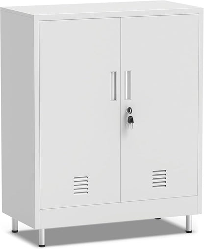 Metal Storage Cabinet with Locking Doors and Adjustable Shelves, Small Lockable Storage Cabinet for Home Office Garage Pantry Entryway Living Room (White)