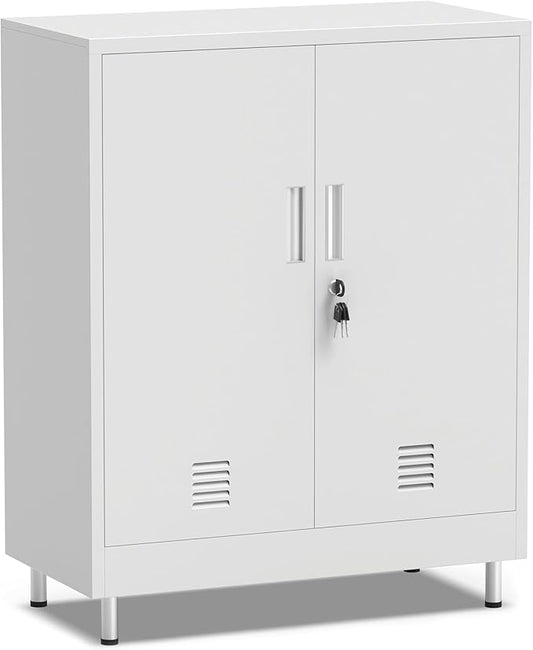 Metal Storage Cabinet with Locking Doors and Adjustable Shelves, Small Lockable Storage Cabinet for Home Office Garage Pantry Entryway Living Room (White)