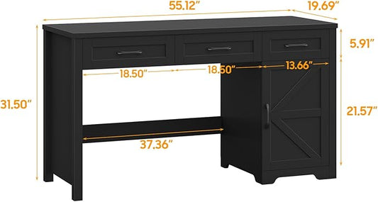 Vabches Farmhouse 59" Executive Desk,Computer Desk with 3 Drawers and Storage Cabinet,Home Office Desk for Work and Study. Pure Black