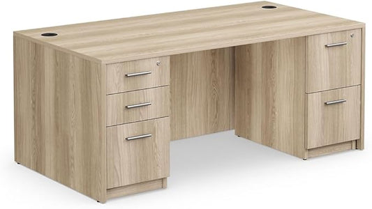 NBF at Work Double Pedestal Executive Office Desk - Durable Laminate Computer Desk with Two Drawers - Office Desk with Storage and File Cabinet - Ash Finish Work Desk for Home (72" W)