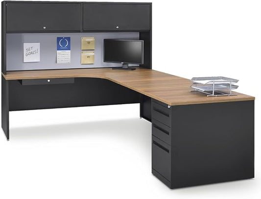 NBF Carbon L Shaped Executive Office Desk with Hutch - Durable Laminate Computer Desk with 3 Drawers - Modern Desk with Storage and File Cabinet - Work Desk with Right Return (72" W x 96" D, Oak)