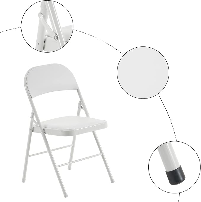 6 Pack White Folding Chairs with Padded Seats, Portable Stackable Foldable Chairs for Indoor and Outdoor, Commercial Seat with Metal Frame for Events Office Wedding Party, 330lbs Capacity