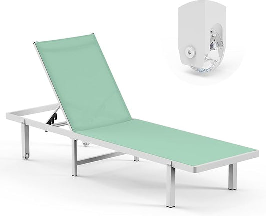 Pool Lounge Chairs, Chaise Lounge Outdoor with Wheels and 5-Position Recliner -Easy to Move- Aluminum Patio Lounge Chair for Poolside, Deck (LightGreen)