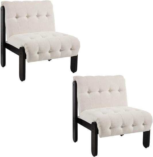 HEAH-YO Living Room Accent Chairs Set of 2,Modern Armless Chair for Bedroom with Button Tufted Back and Wood Legs,Upholstered Comfy Reading Chair for Makeup Vanity Office Cafe,Linen Beige