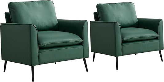 YISHENG Mid-Century Modern Living Room Accent Chairs Set of 2 - Oversized Faux Leather Armchairs with Removable Cushions & Metal Legs, Comfortable Sofas for Office/Lounge/Bedroom/Reception,Green