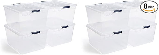 Rubbermaid Cleverstore 74 Quart Latching Plastic Storage Tote Container Box Bin with Lid for Home or Office Organization, Clear (8 Pack)