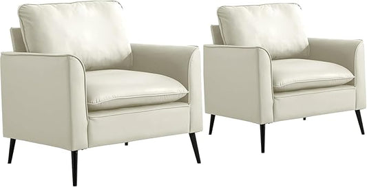 YISHENG Mid-Century Modern Living Room Accent Chairs Set of 2 - Oversized Faux Leather Armchairs with Removable Cushions & Metal Legs, Comfortable Sofas for Office/Lounge/Bedroom/Reception,Cream