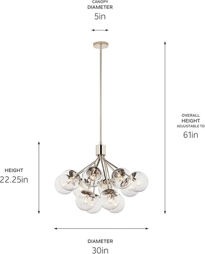 KICHLER Silvarious 12-Light Convertible Chandelier, Soft Modern Light with Clear Glass in Polished Nickel, for Dining Room, Living Room, Bedroom or Foyer (22.25" x 30"), 52701PNCLR
