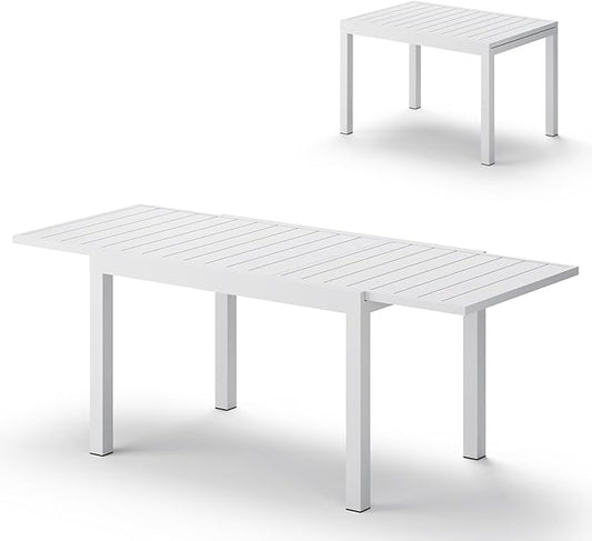 All-Aluminum Expandable Outdoor Patio Dining Table for 4-8 Person, All-Weather Rectangular Outdoor Table(48"-79") with Smooth Cilde Rails & Secure Locking Handle for Garden, Indoor, White