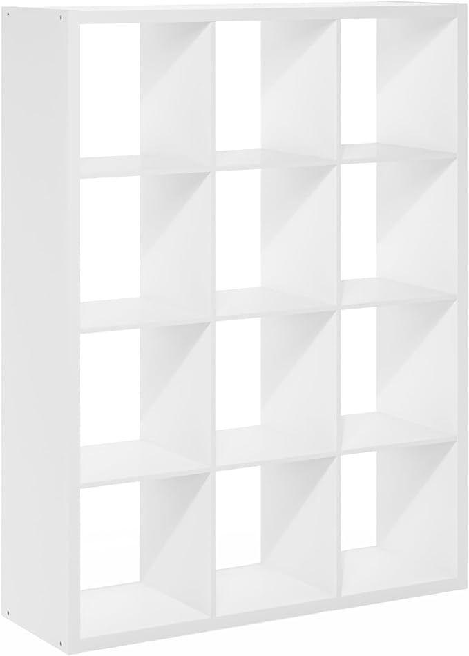 Furinno Cubicle Book Shelf, 12-Cube Thick Frame Bookshelf, Reversible Bookcase with Open Back, 14.6 x 43.8 x 58, for Living Room, Bedroom, Home Office, White