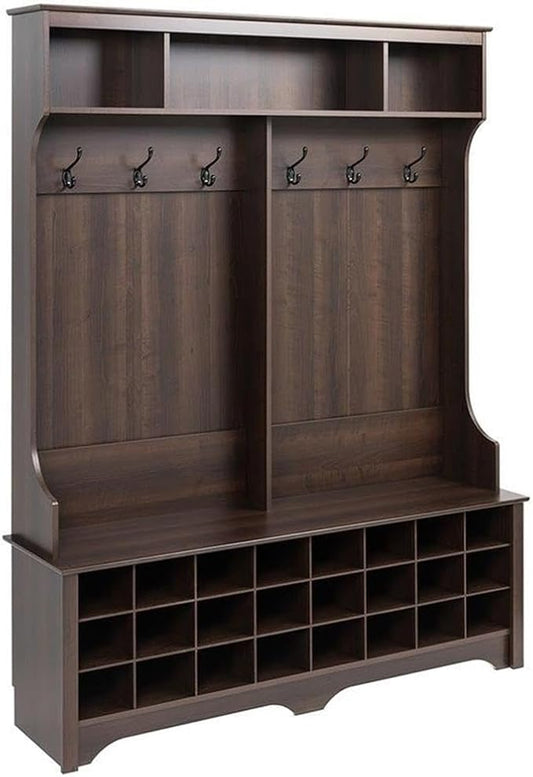 Prepac Brown Hall Tree, Shoe Cabinet, Storage Cabinet with 24 Shoe Cubbies and 6 Double Coat Hooks 15.5" D x 60" W x 77" H