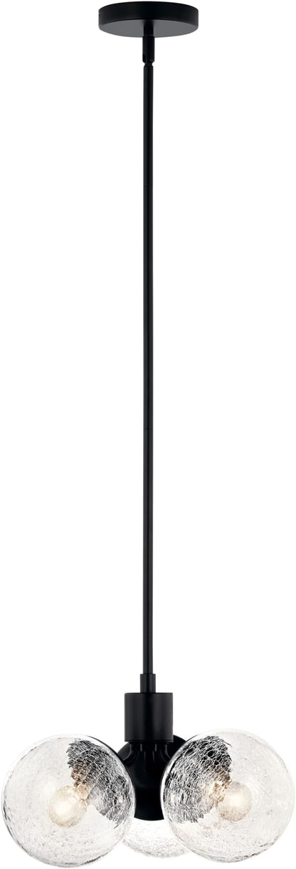 KICHLER Silvarious 3-Light Convertible Pendant, Soft Modern Light with Clear Crackled Glass in Black, for Hallway, Dining Nook, Bedroom or Kitchen (9.5" x 16.5"), 52700BK