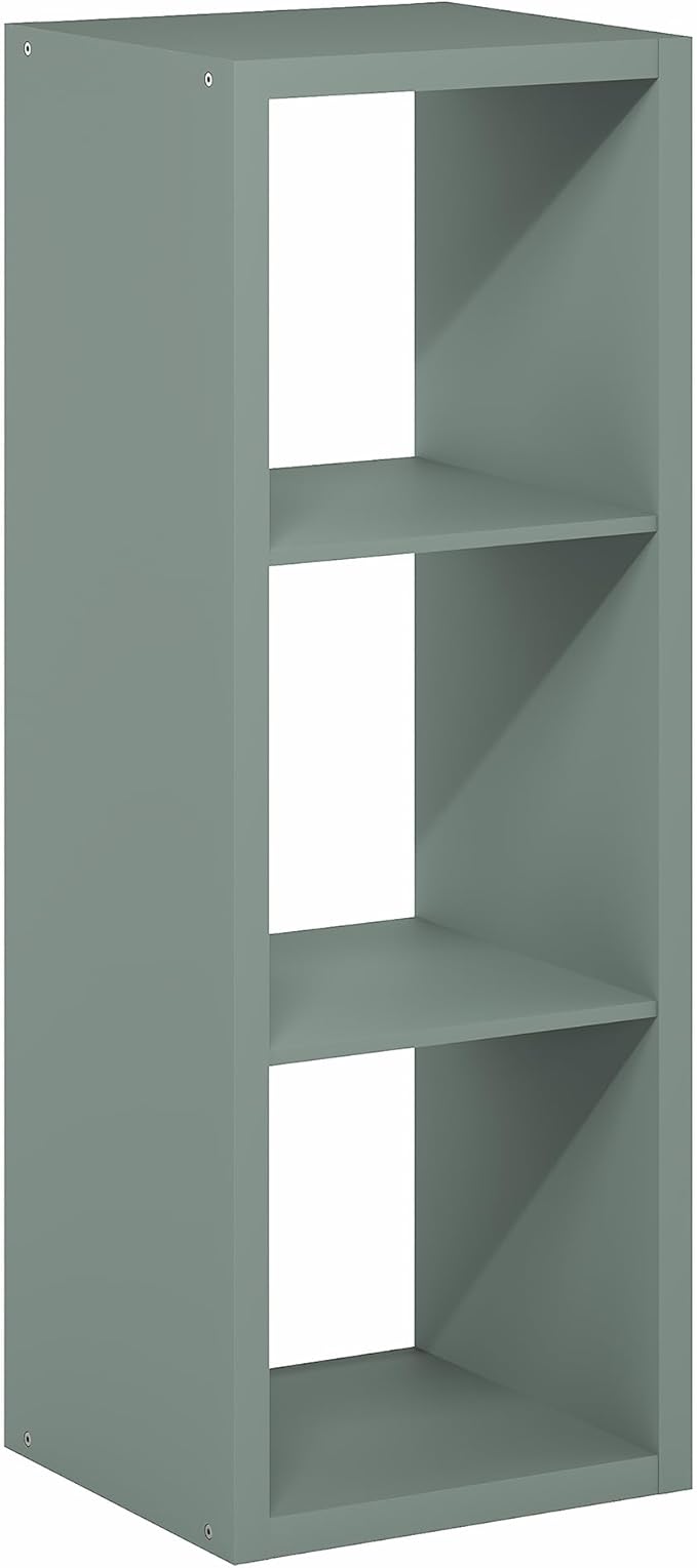 Furinno Cubicle Book Shelf, 3-Cube Thick Frame Bookshelf, Horizontally & Vertically Reversible Bookcase with Open Back, 14.6" x 15.9" x 44", for Living Room, Bedroom, Home Office, Sage Green