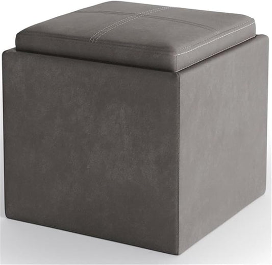 SIMPLIHOME Rockwood 18 inch Wide Contemporary Square Cube Storage Ottoman with Tray in Distressed Slate Grey Vegan Faux Leather, Assembled, for the Living Room, Entryway and Family Room