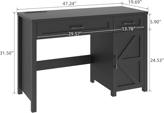 Vabches Farmhouse 47" Executive Desk, Computer Desk with Drawers and Storage Cabinet, Workstation for Home Office and Study.(Pure Black)