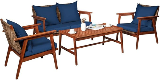 COSTWAY 4 Pieces Acacia Wood Patio Conversation Set, Outdoor Wicker Sofa with Coffee Table & Cushions, Patio Rattan Furniture Set for Yard, Porch, Poolside, Balcony, Backyard, Navy