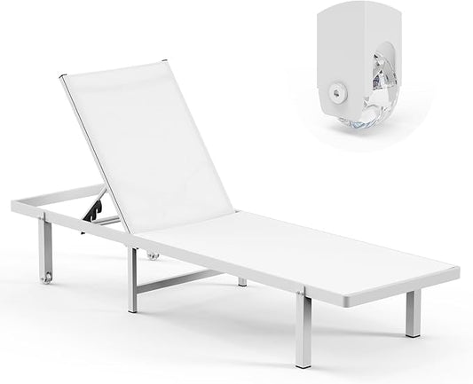 Pool Lounge Chairs, Chaise Lounge Outdoor with Wheels and 5-Position Recliner -Easy to Move- Aluminum Patio Lounge Chair for Poolside, Deck (White)