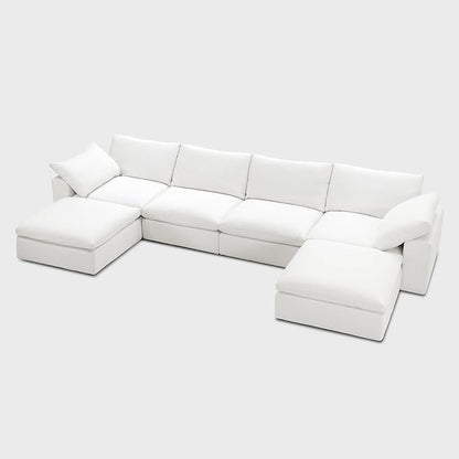 Modular Cloud Sofa, 141.7" Cloud Sectional Couches with Deep Seat, U-Shape 4-Seat Couch with Ottoman for Living Room, Modern Comfy Couch with Washable Cover, Wide Armrest (White,2 Ottomans)