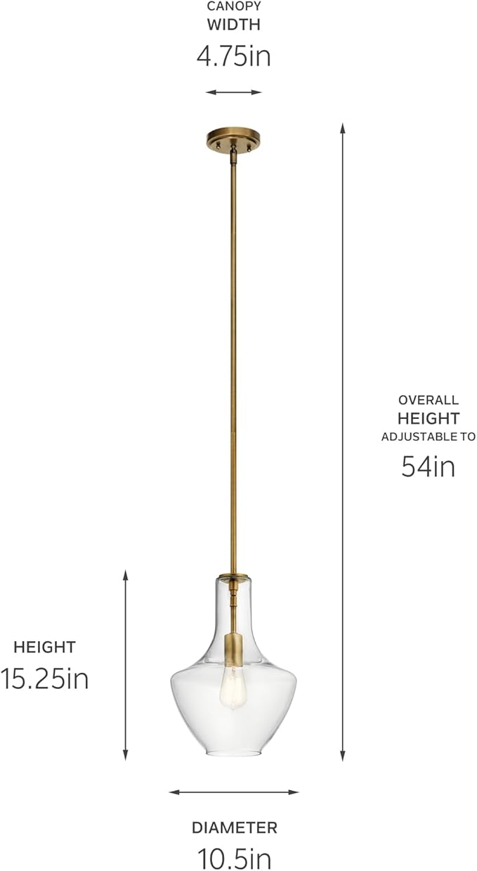 Everly 15.25" 1-Light Bell Pendant with Clear Seeded Glass in Brushed Natural Brass, for a Kitchen Island, Dining Nook, or Home Bar, (15.25" x 10.5") 42141NBRCS