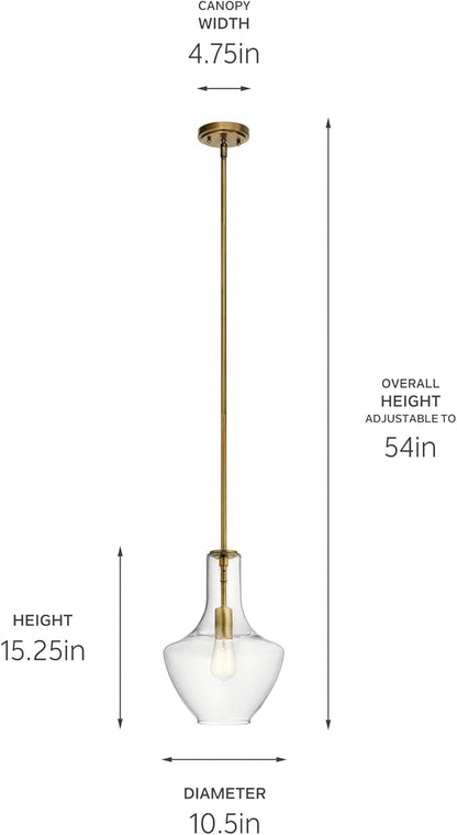 Everly 15.25" 1-Light Bell Pendant with Clear Seeded Glass in Brushed Natural Brass, for a Kitchen Island, Dining Nook, or Home Bar, (15.25" x 10.5") 42141NBRCS