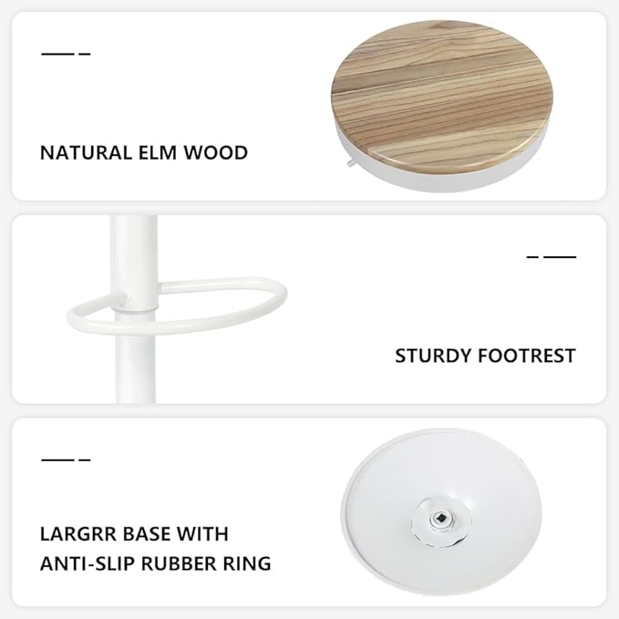 Kidol & Shellder Bar Stools Set of 2 Round Adjustable Swivel Barstools Modern Backless Bar Chairs Wooden Seat Counter Height Stools Armless for Kitchen Island, Cafe, Dining Room White