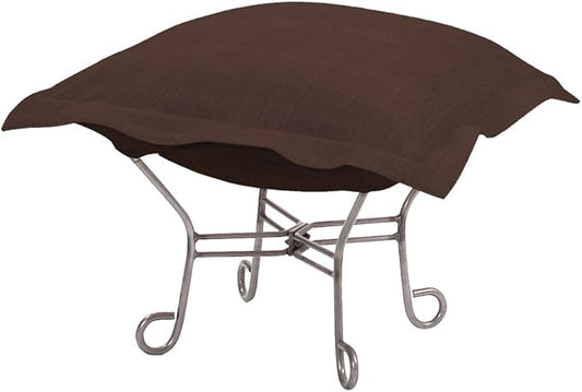 Howard Elliott Scroll Puff Ottoman Chair With Cover, Multipurpose Alternate Seating Footstool Chair with Titanium Frame, Patio Furniture for Camping, Home, Indoor & Outdoor, Sterling Chocolate
