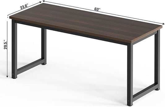 NSdirect Large Office Desk for Home Office, Large 63” Computer Desk Table, Wide Writing Study Desk for 2 Person, Metal Sturdy Frame Thicker Steel Legs, Black Chocolate