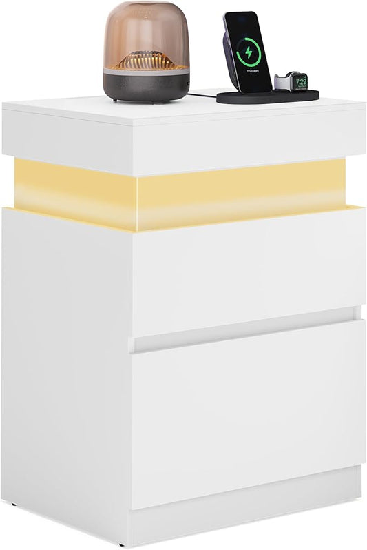 VASAGLE Kailyn Collection - Nightstand with Power Outlets, Sliding Lid, Modern Bedside Table with LED Lights, End Table, 2 Drawers, 15.7 x 18.9 x 26.8 Inches, Cloud White ULET650WB01S
