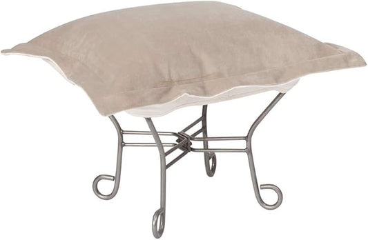 Howard Elliott Scroll Puff Ottoman Chair With Cover, Multipurpose Alternate Seating Footstool Footrest Chair with Titanium Frame, Patio Furniture for Camping, Home, Indoor & Outdoor, Bella Sand