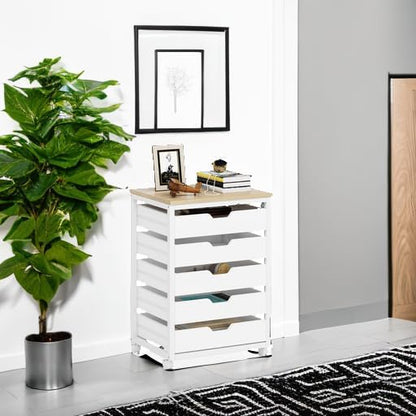 Tribesigns 5 Drawer Chest, Wood Storage Dresser Cabinet with Wheels, Industrial Storage Drawer Organizer Cart for Office Bedroom Entryway (White, 1 PC)