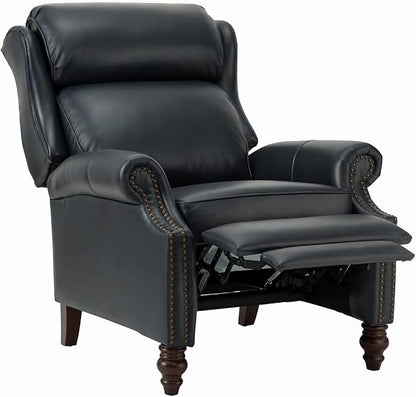 HULALA HOME Genuine Leather Recliner Chair, Traditional Manual Pushback Comfy Seating for Living Room, Thick Cushion & Solid Wood Legs, Wingback Recliner with Nailhead Trim, Navy